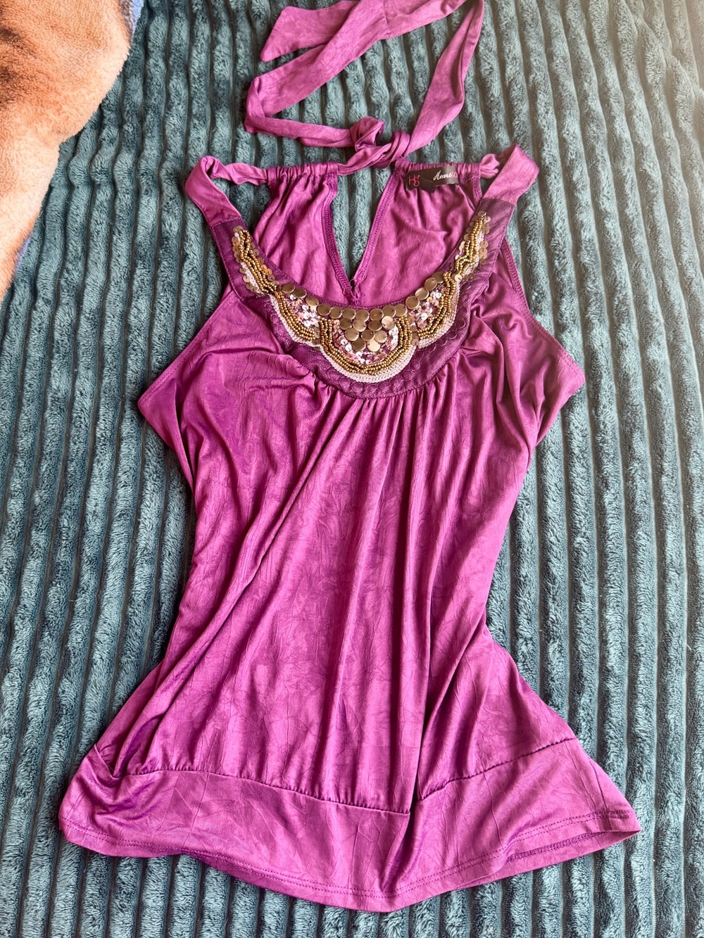 VTG Heart Soul Embellished Beaded Purple Sleeveless Women's Halter Top